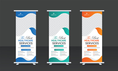 Professional health care and medical roll up design, standee and banner template decoration for exhibition, printing, presentation and flyer design