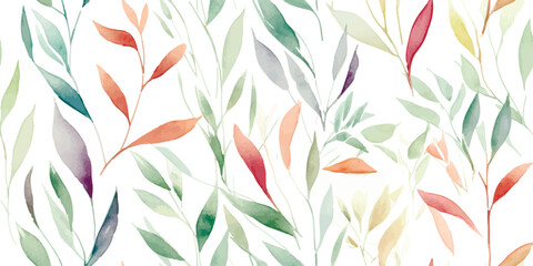 Foliage seamless pattern of colorful branches with leaves, watercolor floral illustration on white background