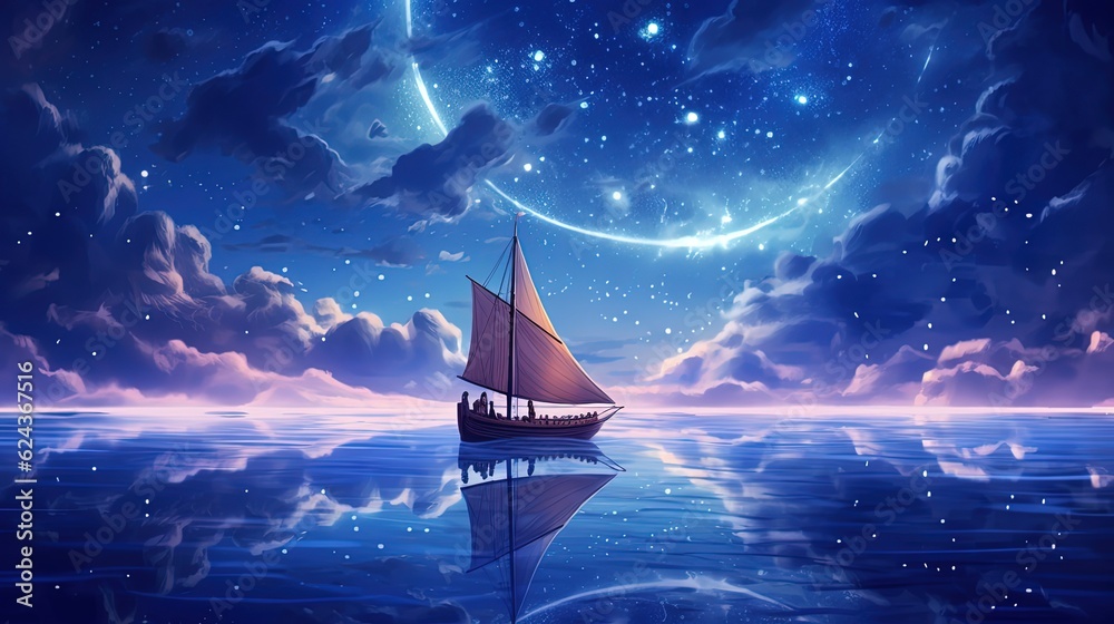 Wall mural art illustration sailing boat under galaxy night sky dreamy scenery, generative ai