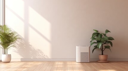 Fototapeta na wymiar Air purifier, dehumidifier in bedroom. Illustration AI Generative.