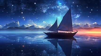 art illustration sailing boat under galaxy night sky dreamy scenery, Generative Ai