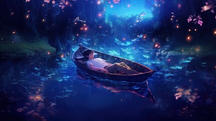  a boy sleeping in row boat at middle of lake at night time, Generative Ai