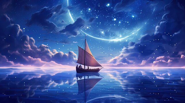 art illustration sailing boat under galaxy night sky dreamy scenery, Generative Ai