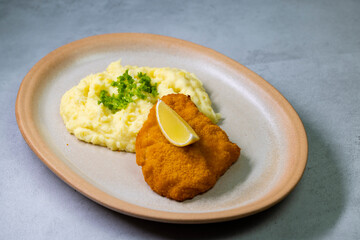 Typical Czech cuisine chicken cutlet with mashed potatoes