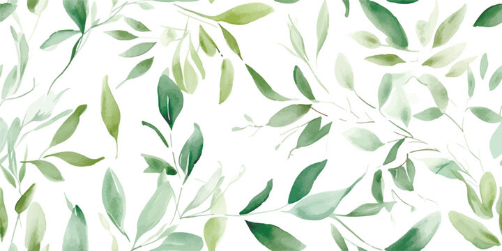 Hand painted foliage pattern, seamless floral print with green leaves, watercolor illustration isolated on white background for your wallpapers, textile or cover