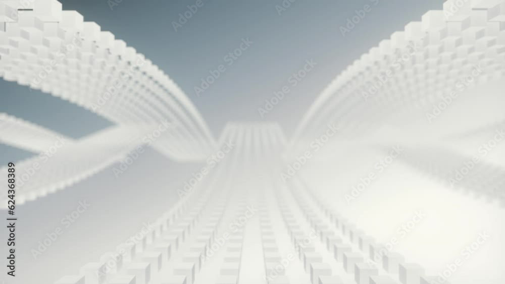 Poster Stripes of white particles moving in waves, 3d rendering loop animation 4K
