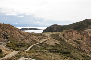 Bolivia Island of the Sun on Lake Titicaca landscape on a cloudy winter day