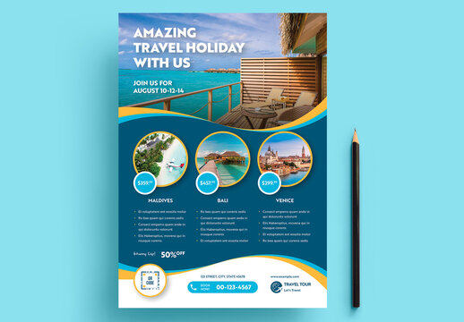Travel Agency Flyer Layout with Yellow and Blue Accents
