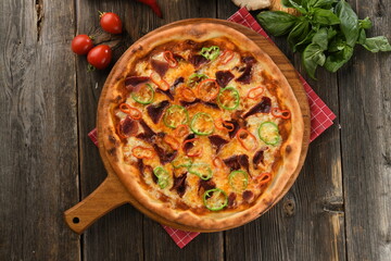Delicious crunchy edge sivas pastrami pizza with vegetables