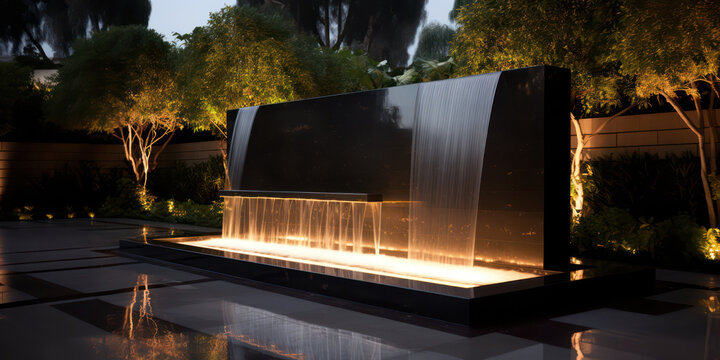 outdoor home modern water feature fountain waterfall as wide banner with copy space area for garden landscape design concepts mockup