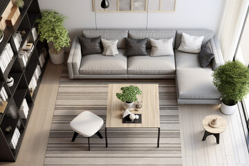 Modern living room interior with a gray sofa top view. AI generated