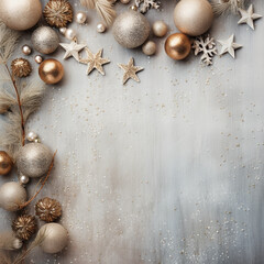 Fototapeta na wymiar Beautiful light background for a Christmas card with gold and silver New Year balls and fir branches, top view, light colors, Al Generation