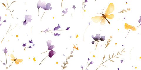 Obraz na płótnie Canvas Minimalistic floral pattern with small flowers, petals, flying butterfly and dragonfly, wildlife watercolor print, seamless pattern purple and yellow colors, delicate illustration on white background