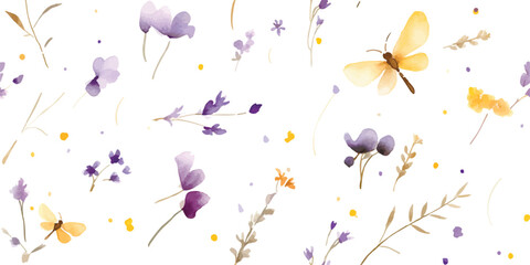 Minimalistic floral pattern with small flowers, petals, flying butterfly and dragonfly, wildlife watercolor print, seamless pattern purple and yellow colors, delicate illustration on white background