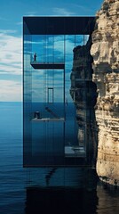 A glass structure sitting on top of a cliff next to the ocean. Generative AI.