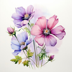 Fototapeta premium delicate flowers on a white background, watercolor purple pink, Al Generation