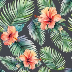 Foto op Aluminium Watercolor pattern with exotic flowers. Seamless vector botanical pattern. Tropical  dark background.  © Hanna ArtLab