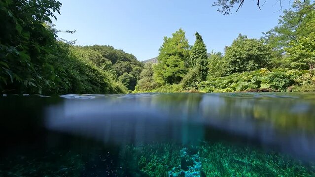 Underwater Shot of Blue Eye in Albania. Summer Day Scene of Water Spring called Syri i Kalt&euml;r in Muzin&euml;. 