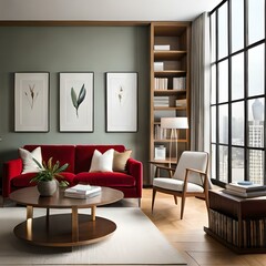A living room with a red couch, a coffee table, and a bookcase with a picture on it. The cozy living room exudes warmth, with soft, earthy tones that make it inviting. AI Generated