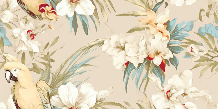 Parrot Cockatoo with flowers Orchid, Fleur de lis and leaves. Vector seamless pattern, tropical illustration in vintage style on beige background