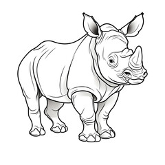 Forest animals - Rhino, simple thick lines kids or children cartoon coloring book pages . No Background, Generative AI