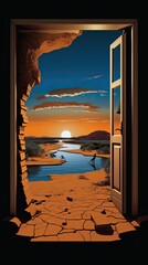 An open door leading into a desert landscape. Generative AI.