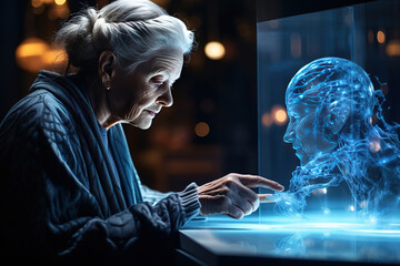 Old woman show virtual graphic Global Internet connect Chat with AI, Artificial Intelligence. Futuristic technology transformation.