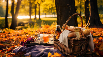 A picnic basket with bread and drinks on a blanket. Generative AI.