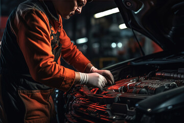 A mechanic in overalls working near the automobile