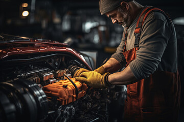 Fototapeta na wymiar A mechanic in overalls working near the automobile
