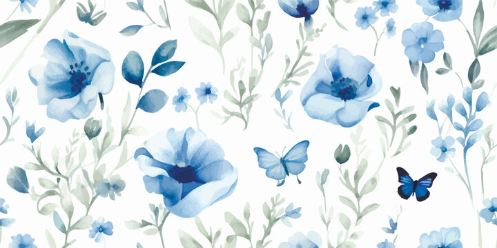 Pattern with blue abstract flowers and blue flying butterflies, watercolor seamless floral illustration for textile, nature background or wallpaper