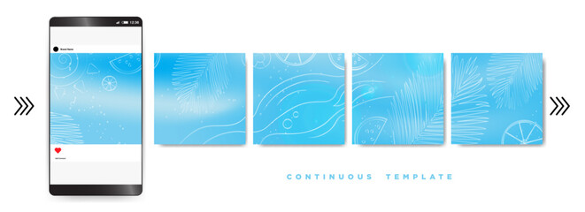 Smooth Blue Gradient with summer and tropical elements continuous vector template. Summer and blue gradient carousel ad template for social media. Vector Illustration. EPS 10. © Ja Creatives