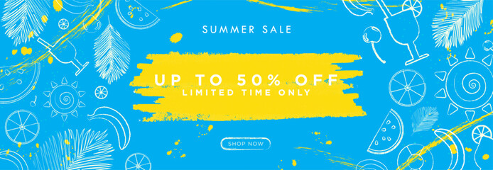 Tropical Summer Sale Grunge Brush Strokes and Splatter Up To 50% off Sale sign with Limited Time Only Tag and Shop Now CTA Button. Vector Illustration. EPS 10