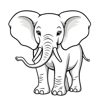 Forest animals - Cute Elephant, simple thick lines kids or children cartoon coloring book pages . No Background, Generative AI