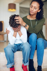 Sad, depression and a mother with crying child together in stairs for comfort, love and support....