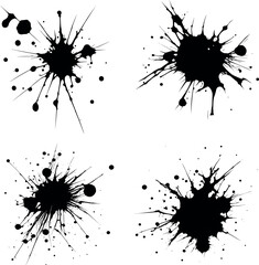 Abstract black ink splashes collection. Ink drops and splashes. Blotter spots, liquid paint drip drop splash, and ink splatter. Artistic dirty grunge abstract spot vector set. Splat messy inkblot