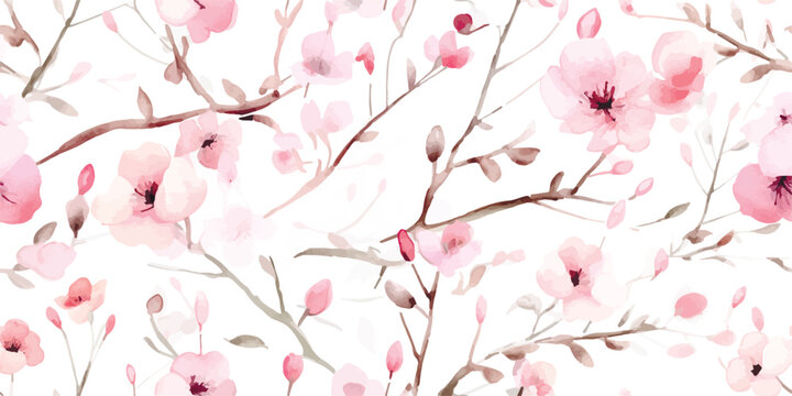 Spring seamless pattern with abstract blossom tree with delicate pink flowers and buds, watercolor illustration isolated on white background, floral print for fabric, wallpapers or wrapping paper.