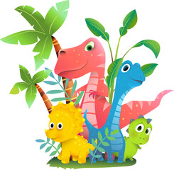 Cute Dinosaur Group in Prehistoric Nature with Palms and Trees, Friendly Dino Kids Illustration clip art. Funny adorable jurassic character design. Vector colorful clipart cartoon for children.