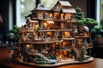 A wooden model of a house on a table. Generative AI.