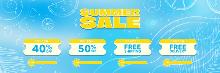 Colorful Summer Sale Banner on blue and yellow gradient background framed with hand drawn summer elements, fruits, banana, watermelon, cherry, lemon, cocktail, drink, palm leaf, sun. Shop now. ESP 10