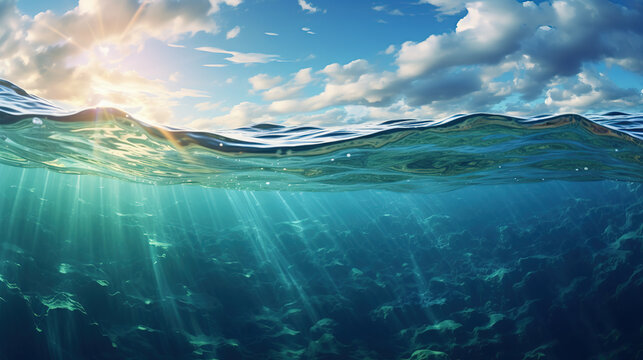 Sun rays reaching the rocky bottom of the sea with clear cyan water. Sunny ocean landscape.