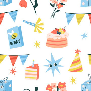 Seamless pattern with birthday attributes. Repeat design