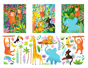Cute Animals in Wild Jungle Greeting Cards, Poster and Clip Art Illustration Collection. Elephant, tiger, giraffe and monkey safari characters in forest for kids. Cute wild animals vector cartoons.