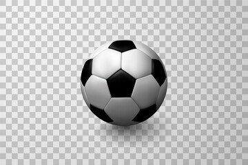Vector soccer ball isolated on transparent background. Realistic illustration of football ball in black and white design. Sports equipment
