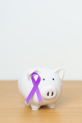 Purple Ribbon with Piggy Bank for Pancreatic, Esophageal, Testicular cancer, world Alzheimer,...