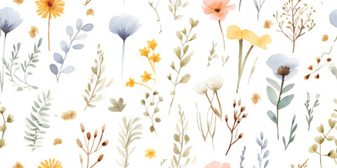 Watercolor floral seamless pattern with scattered wildflowers, leaves and plants. Summer illustration in vintage style on white background.