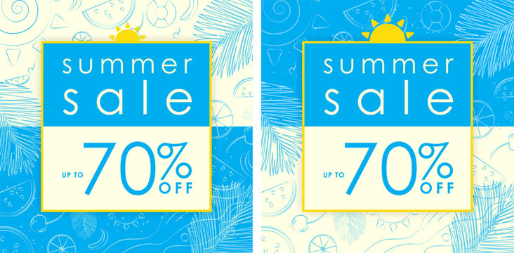 Summer Sale Up to 70% off on Cyan and Light Yellow Background Sale Sign with yellow frame and sun symbol on top. Outline of cherry, lemon, watermelon, sea waves, palm leaf. Vector Illustration 