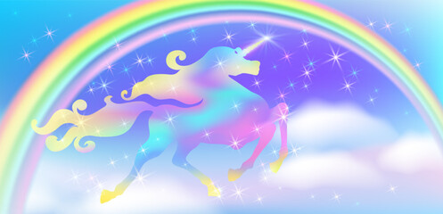 Unicorn with luxurious winding mane against the background of the fantasy universe with stars, clouds and rainbow. Galloping iridescent unicorn.
