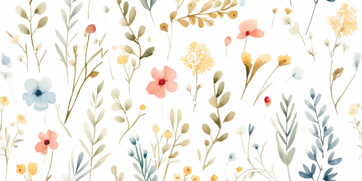 Fototapeta Watercolor floral seamless pattern with scattered wildflowers, leaves and plants. Summer illustration in vintage style on white background.