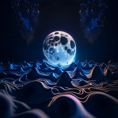 Fantasy landscape with planet and moon. 3d rendering toned image.Сosmic background at night.Generative AI